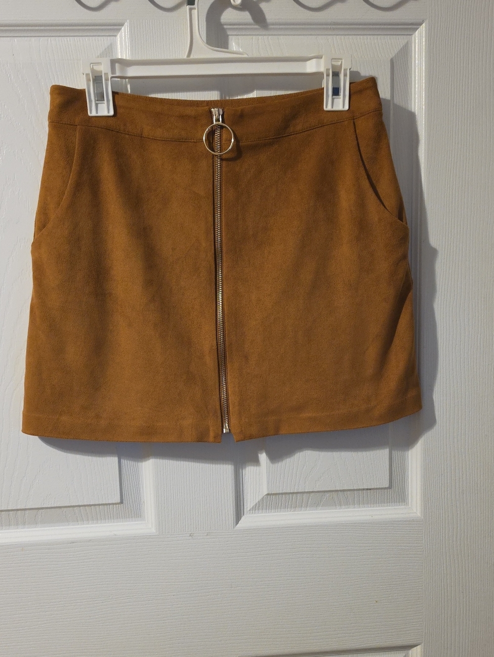 Suede Zip-Front Mini Skirt in Cognac